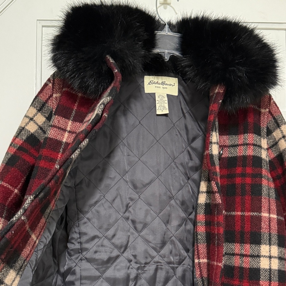 Eddie Bauer Plaid Women's Jacket with Faux Fur Detachable Collar - Picture 6 of 6